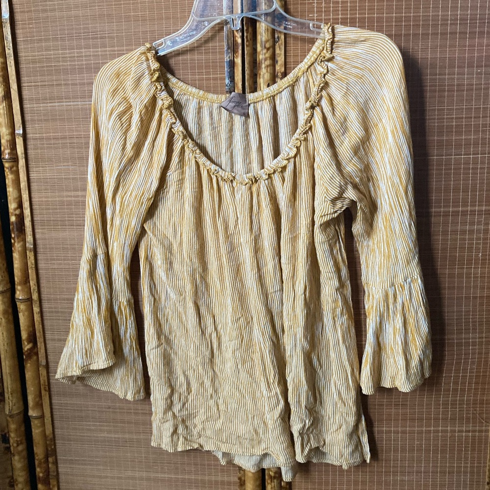 Forever 21 Yellow Striped Ruffle Scoop-Neck Blouse